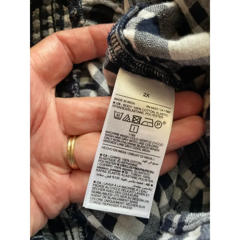 Old Navy Blue Gingham Patchwork Romper Sleeveless Smocking Cotton Pockets 2X